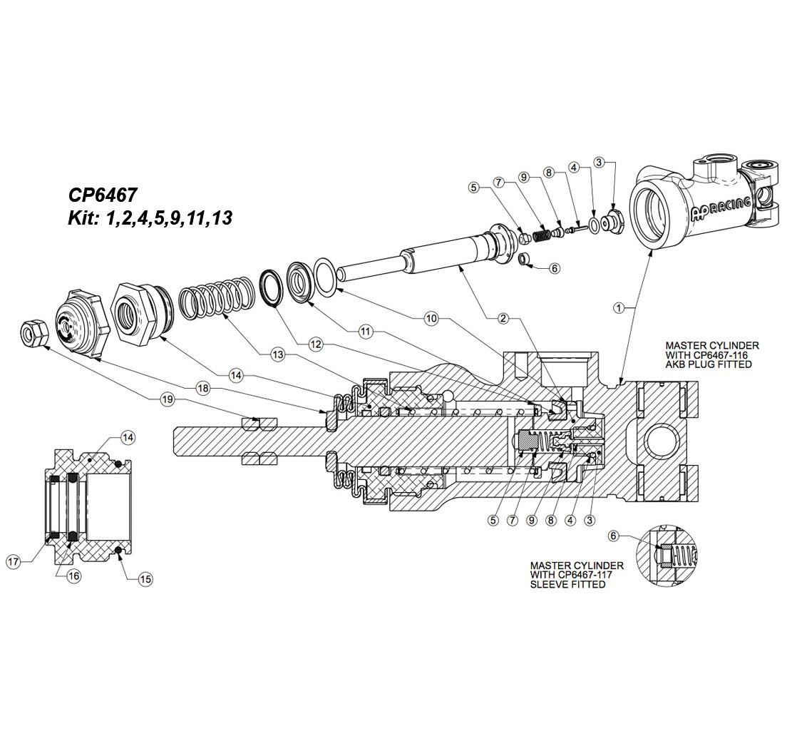 Kit reparación de AP RACING para cilindros maestros CP6467, Ø 14,9mm